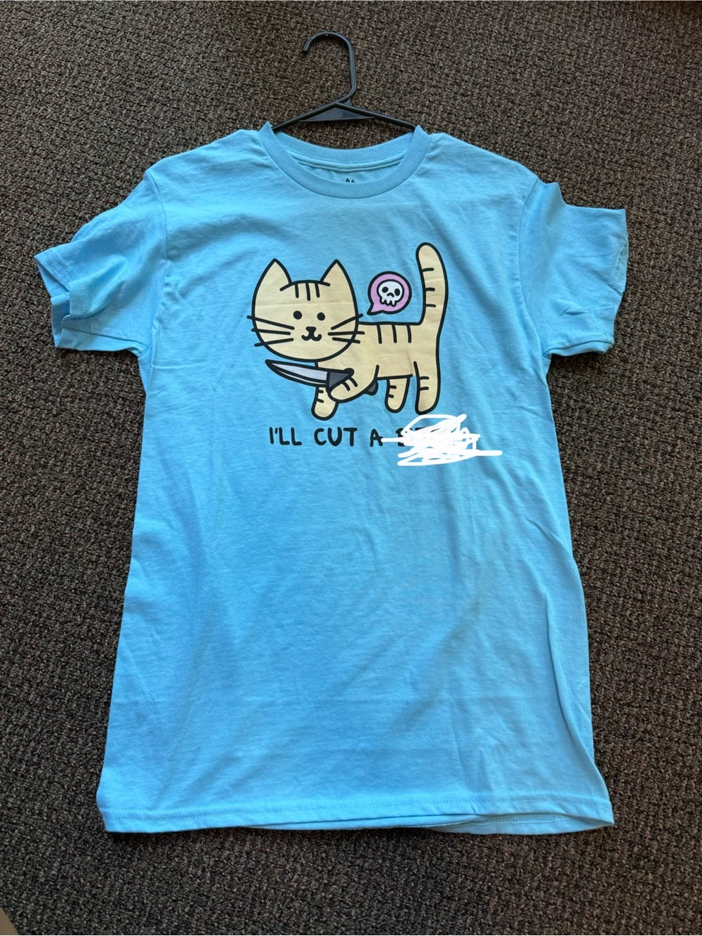 Threadless Light Blue Tee with Tan Cat Knife Graphic